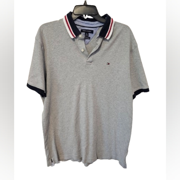 Tommy Hilfiger Gray with Navy Striped Collar Polo Shirt Men's Size XL - Picture 1 of 7